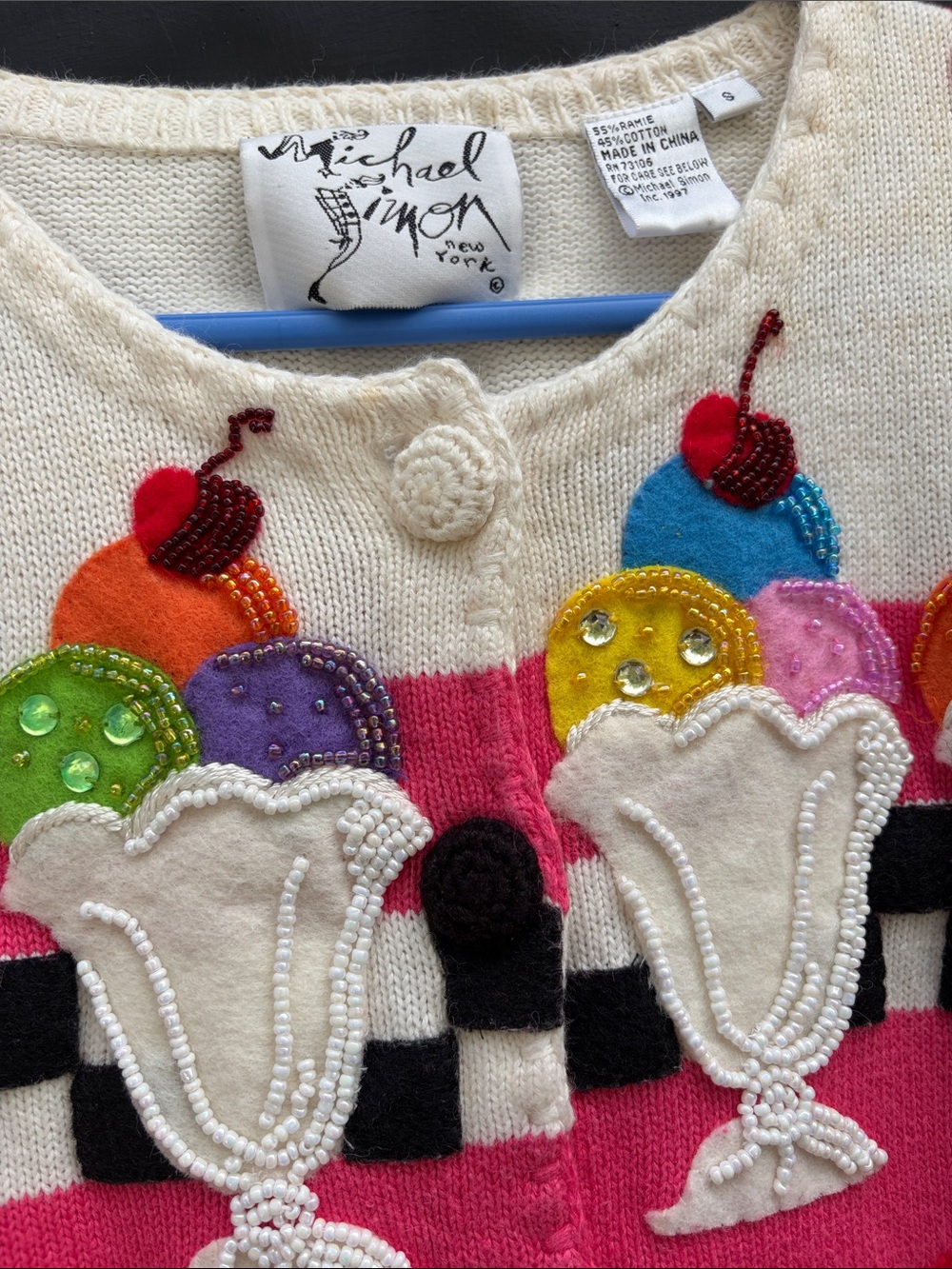 Vintage Michael Simon Hot Pink Ice Cream Appliqué Cardigan - Picture 6 of 12